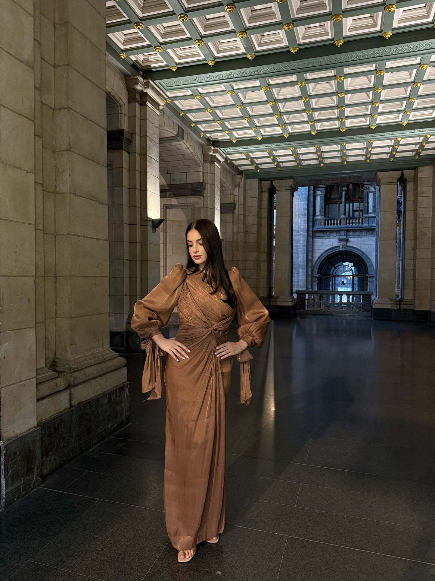 Brown Long Sleeves Ruched Sheath Ankle Length Evening Formal Dress