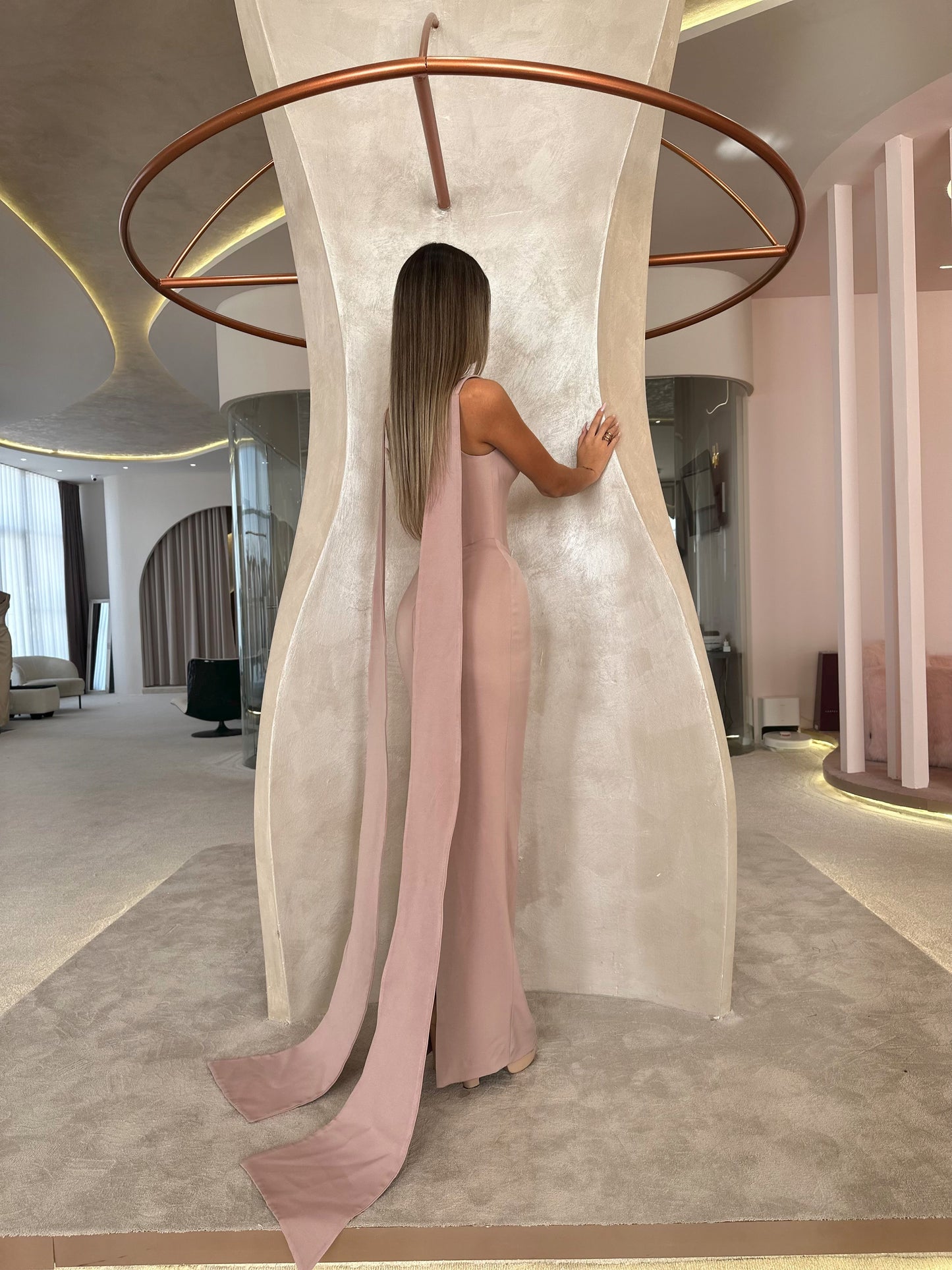 Light Coral Sheath V Neck Sleeveless Evening Formal Dress with Scarf