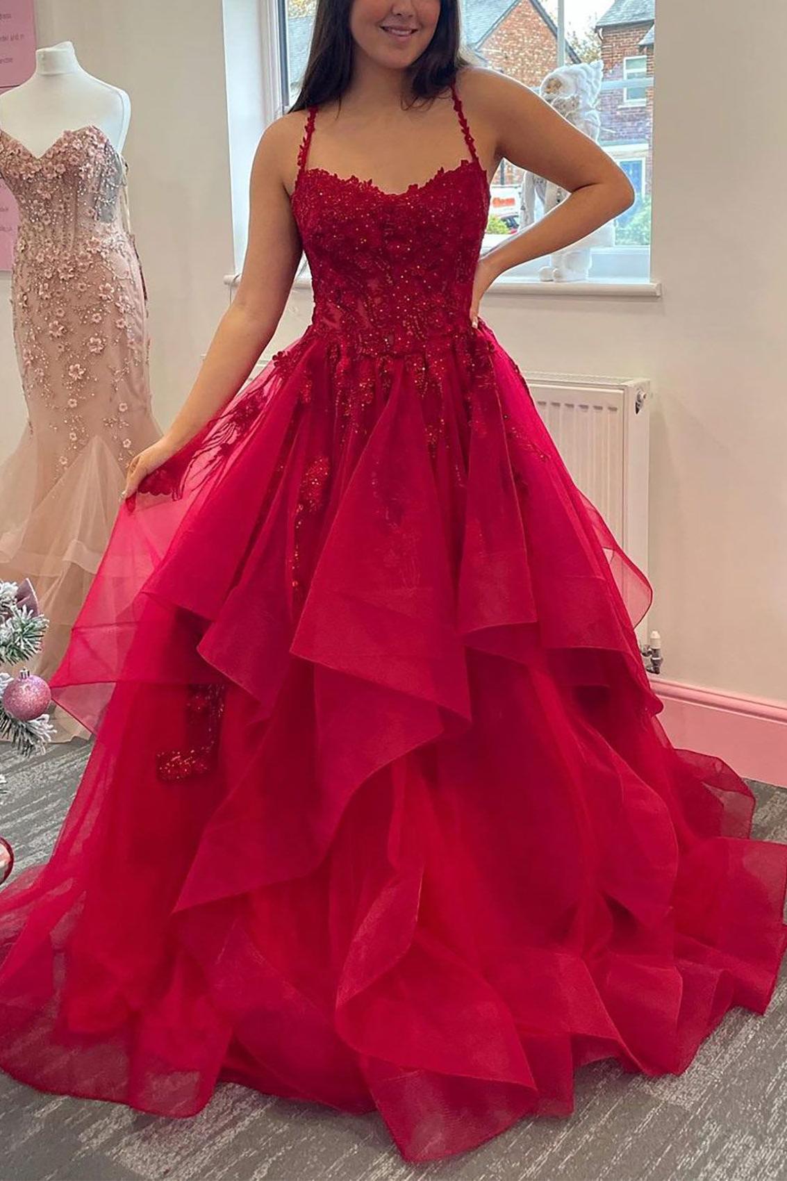 Spaghetti Straps Burgundy Applique Ruffle Tulle Prom Dress