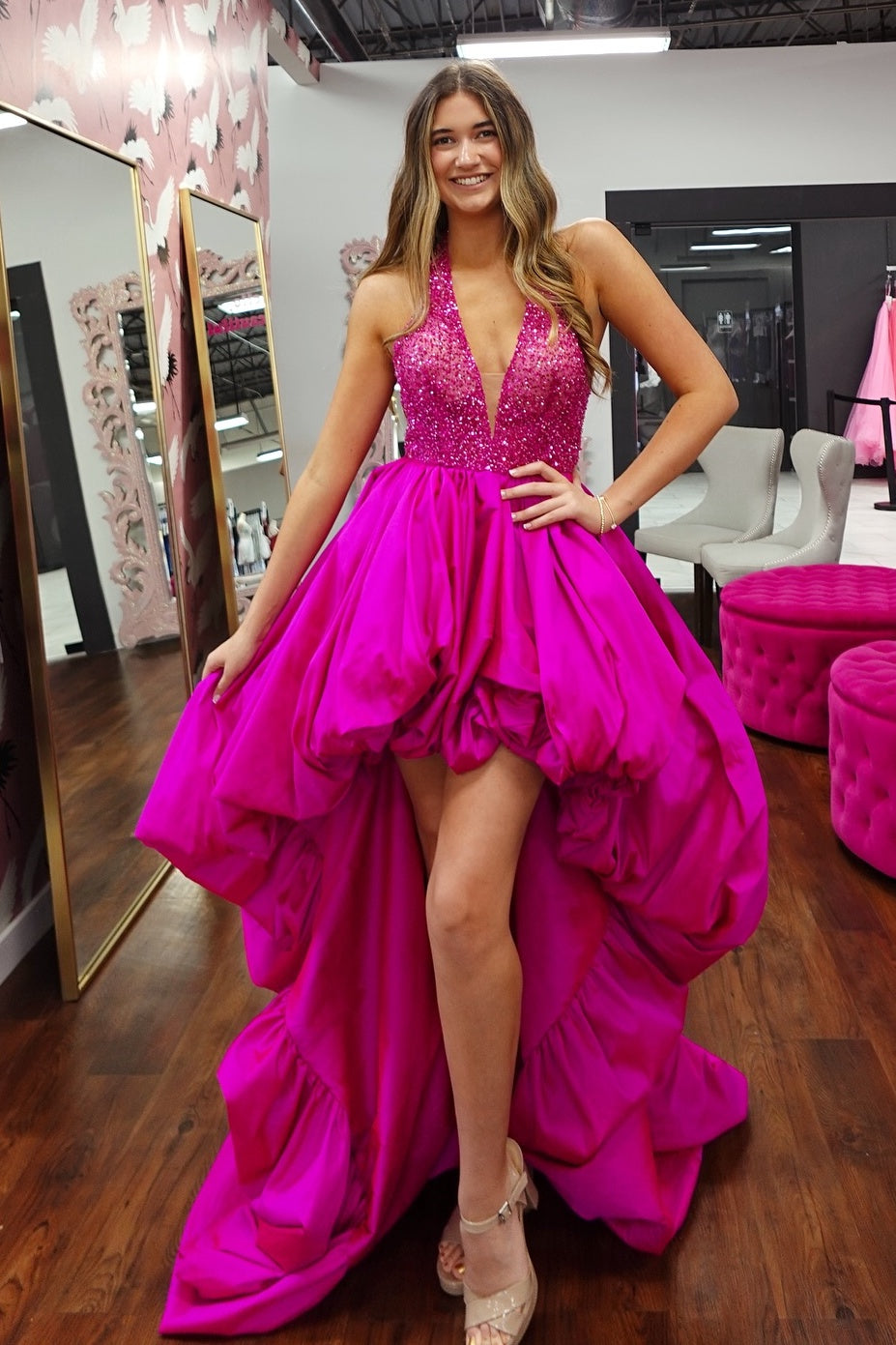 Halter Deep V-Neck Sleeveless Sequined Beaded Satin Pleated High-Low A-Line Prom Dress
