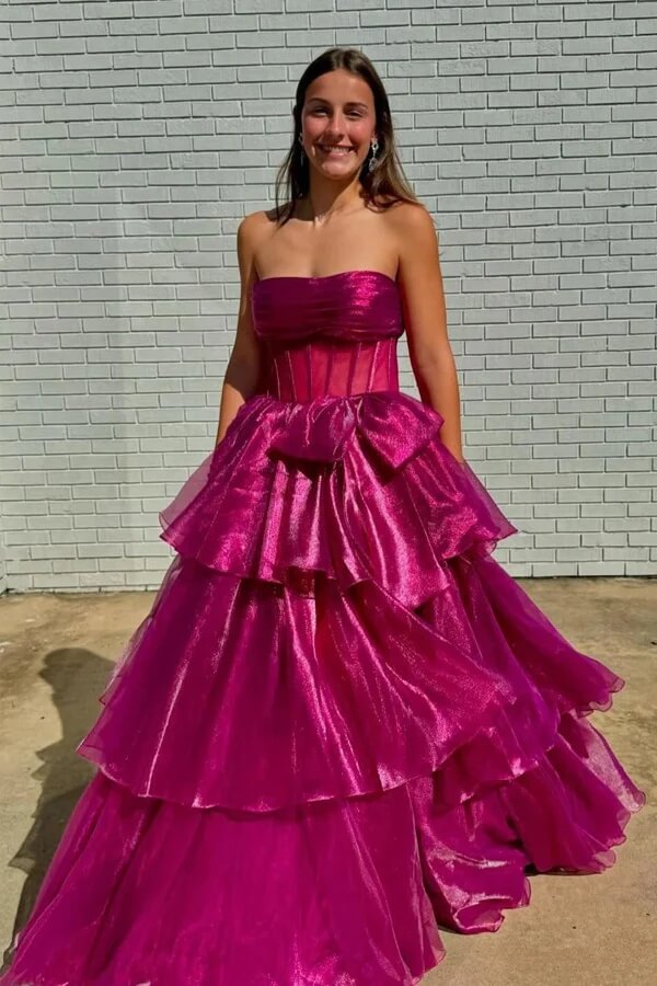 Fuchsia Organza A-line Strapless Ruffle Tiered Prom Dress
