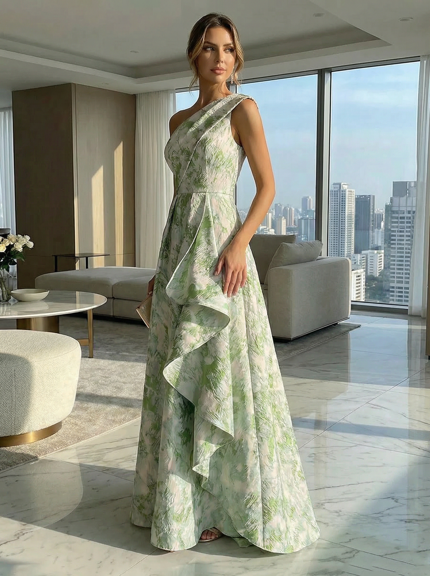 A-Line Floral One Shoulder Formal Dresses with Ruffles