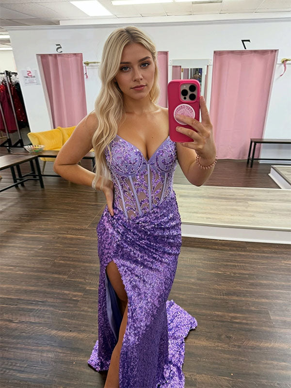 Glamorous Lilac Strapless Sequin Corset Prom Dress