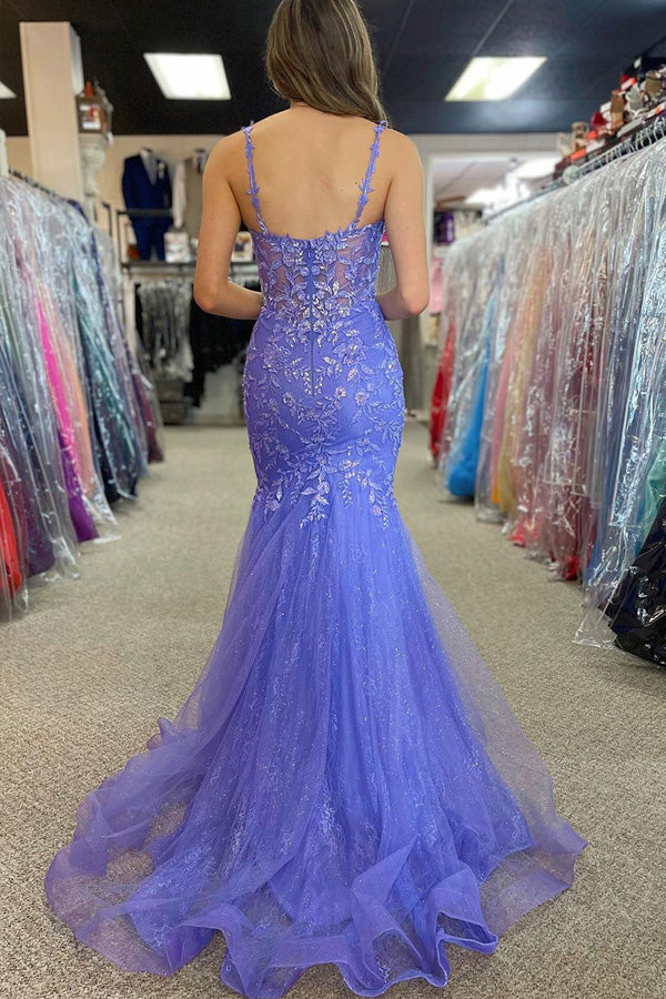 Gorgeous Mermaid Straps Lilac Long Prom Dress with Appliques