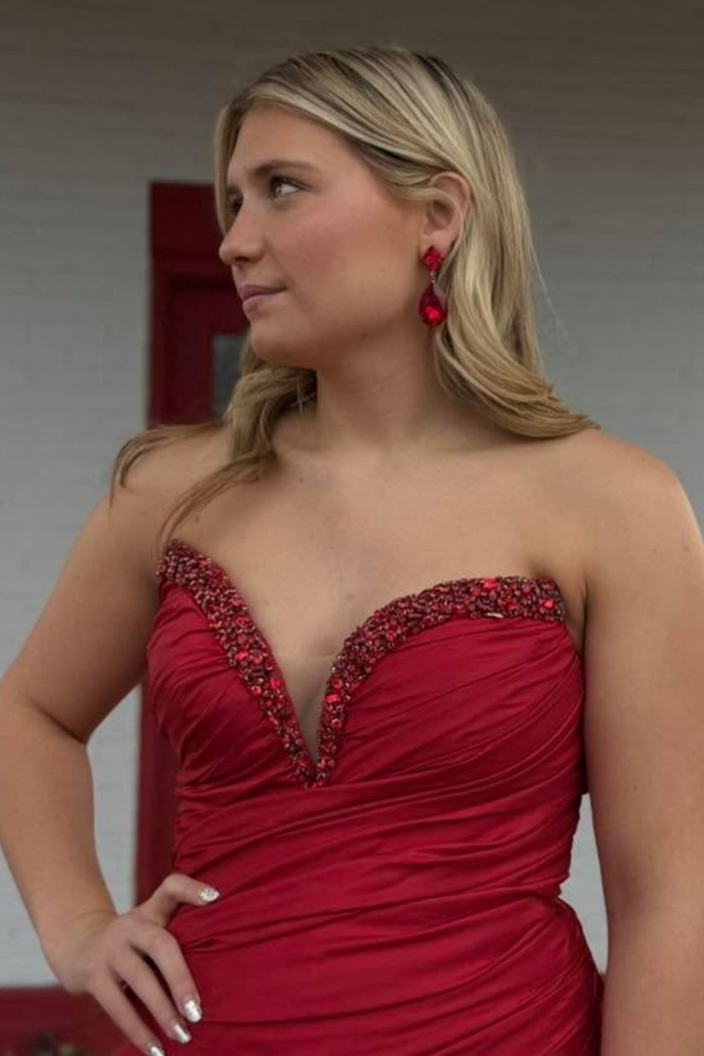 Gorgeous Strapless Mermaid Red Satin Long Prom Dress with Beadings