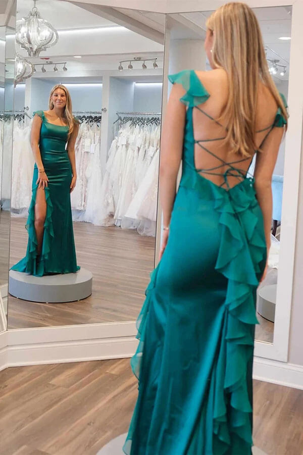Green Chiffon Mermaid Square Neck Ruffled Prom Dress