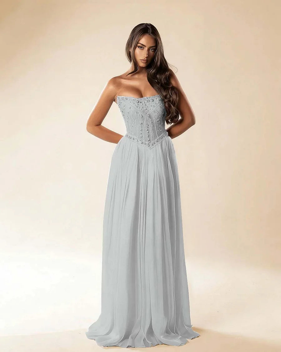 Strapless Sleeveless Long Pleated A-Line Prom Dress With Beadings