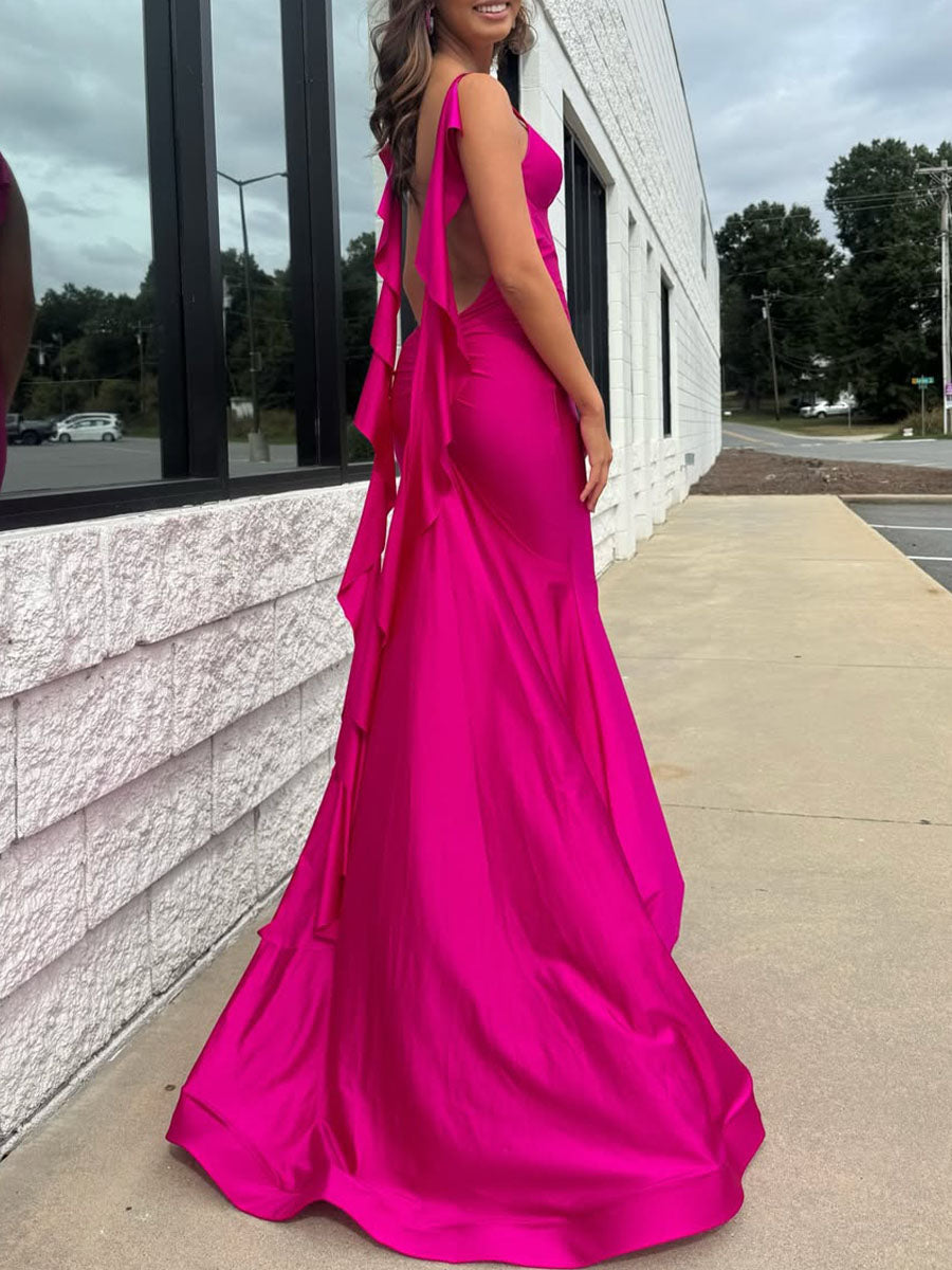 Hot Pink V-Neck Prom Dress with Cascading
