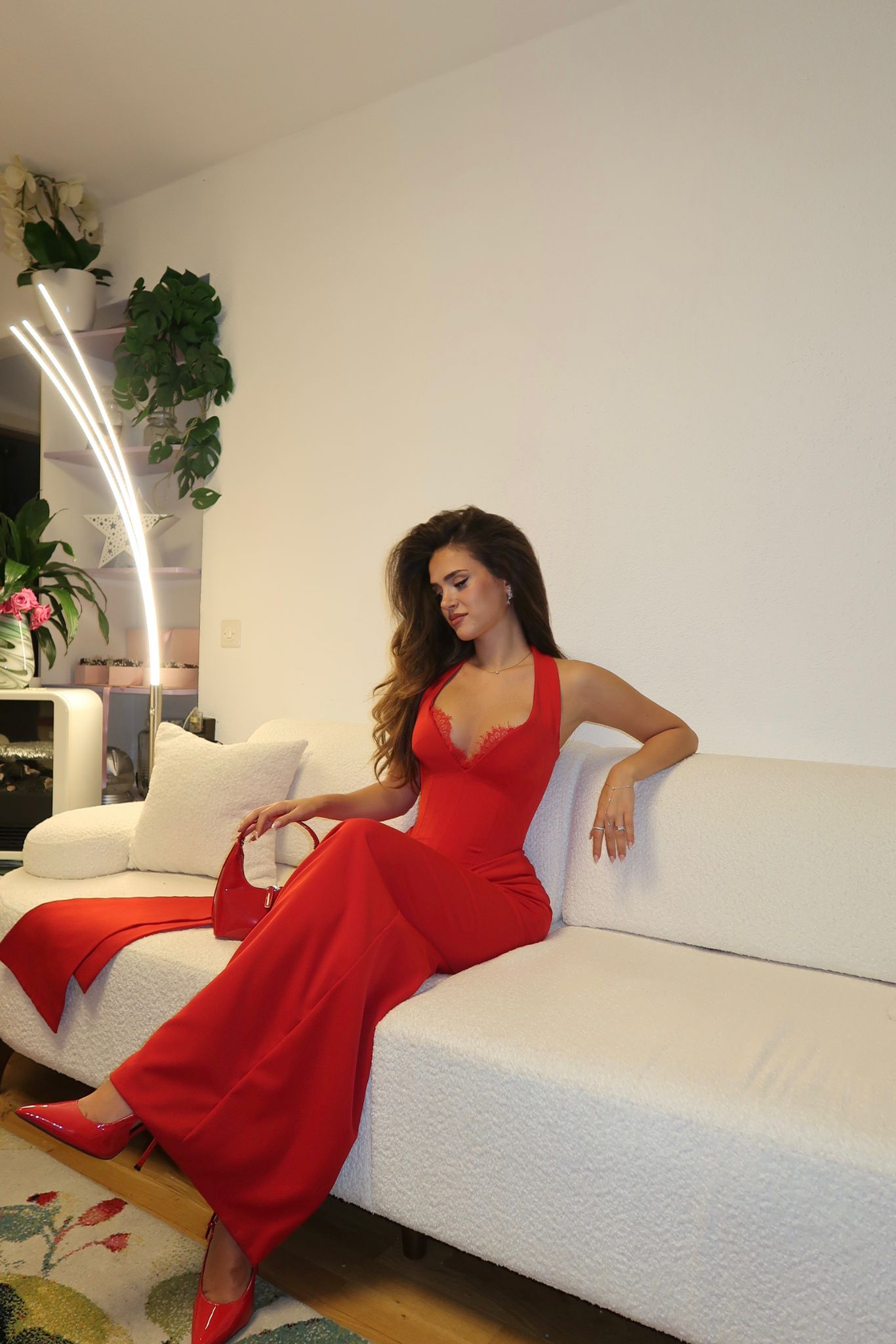 Red Halter Sheath Ankle Length Evening Dress Prom Gown