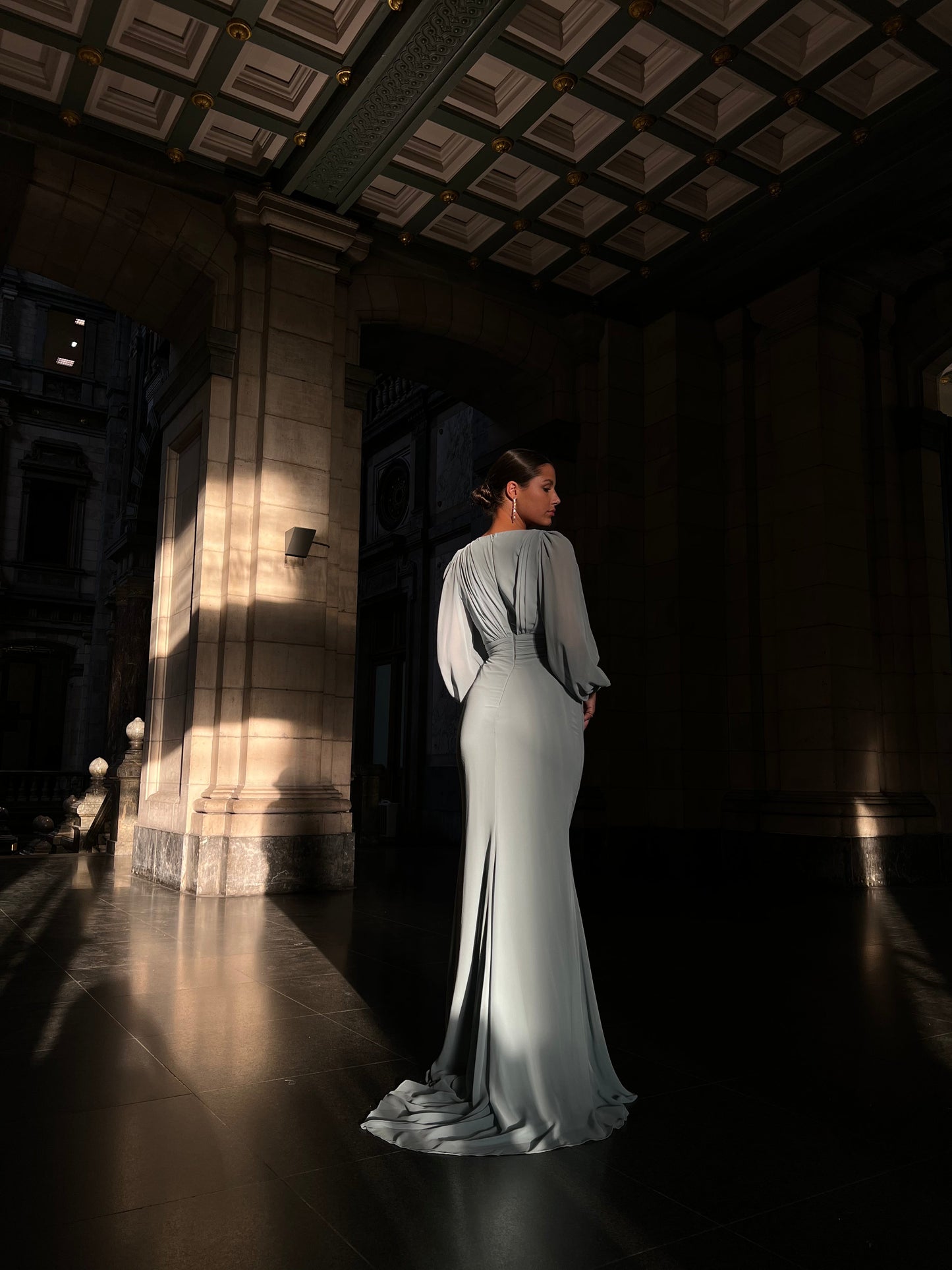 Mint V Neck Long Sleeves Ruched Mermaid Formal Dress