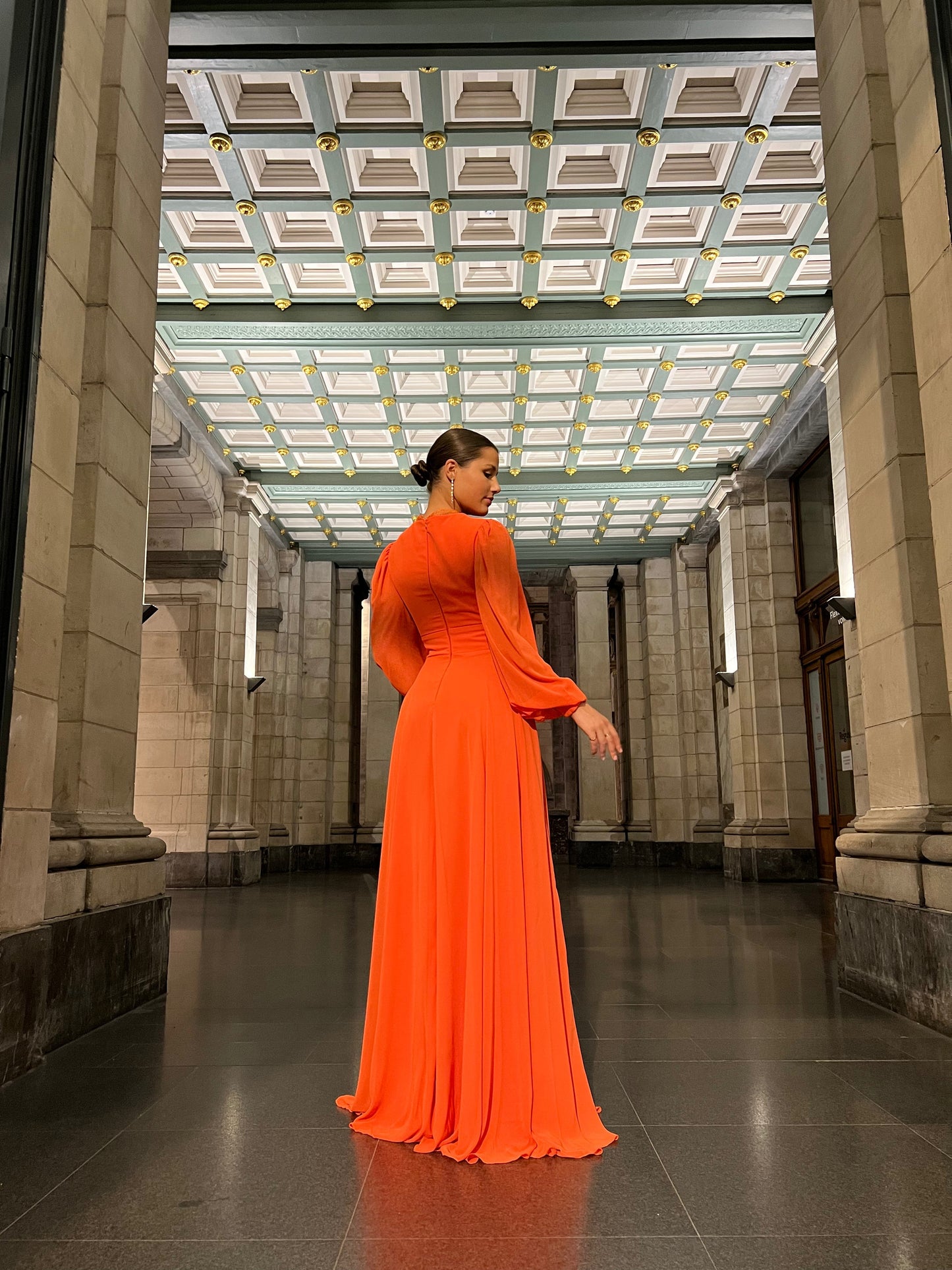 Orange A-Line V Neck Long Sleeves Floor Length Evening Formal Dress