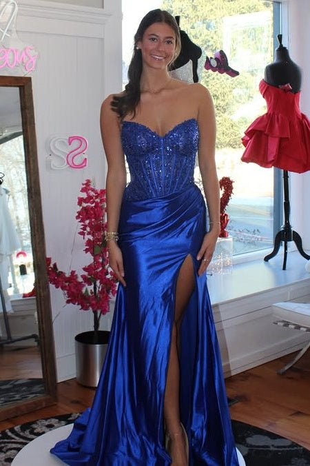 Lace Top Mermaid Satin Strapless Party Prom Dress