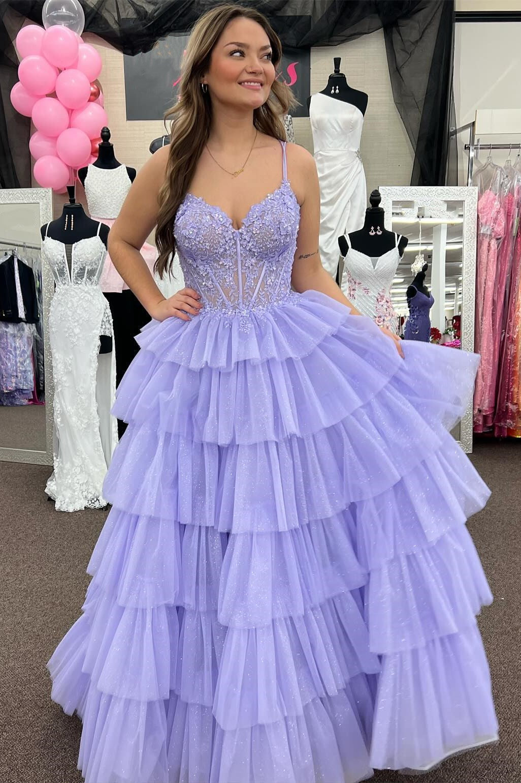 Tiered Ruffle Appliques Corset Long Prom Dress