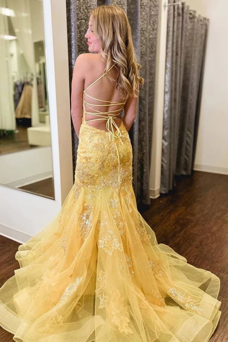 Lumidress Yellow Mermaid Evening Prom Dress with Appliques and Sweep Train