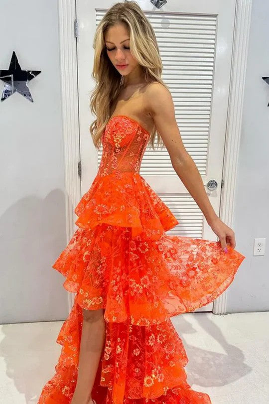 Orange Strapless Sweetheart Prom Dress with Layered Tulle and Appliqué Slit