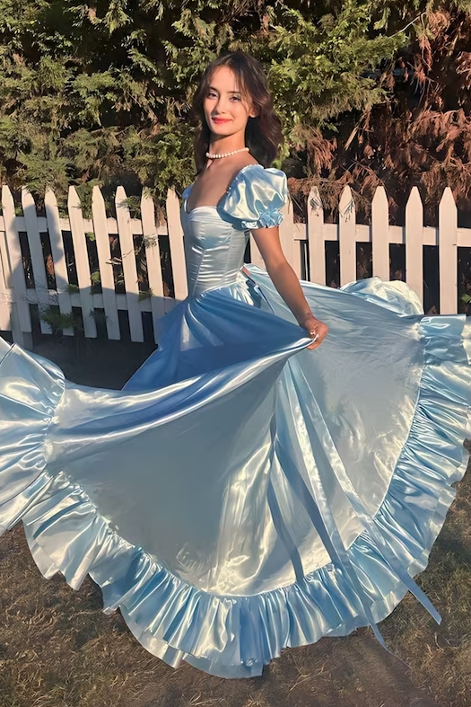 Classy Blue A-Line Empire-Waist Satin Ruffles Formal Prom Dress