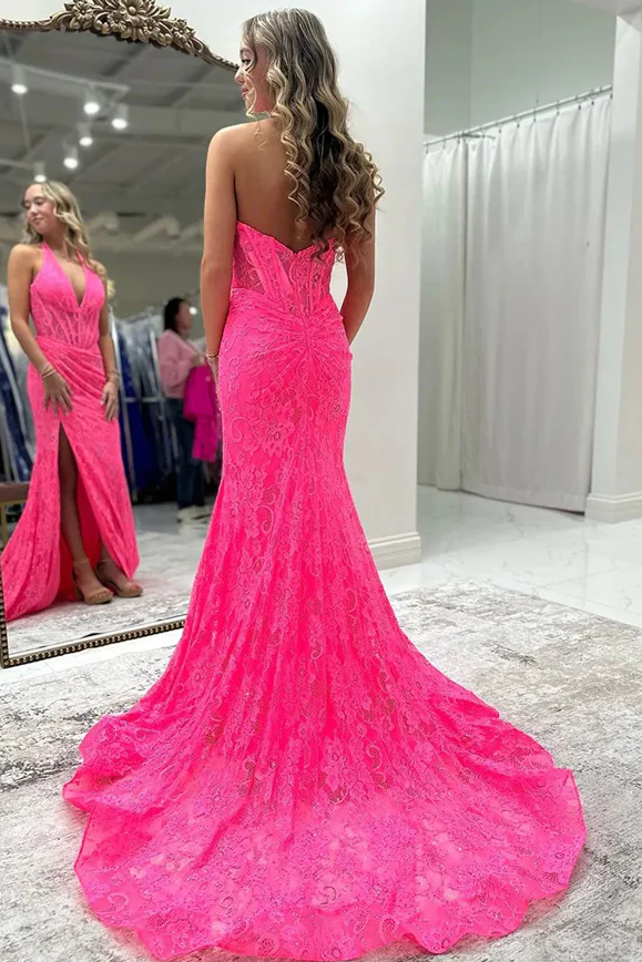 Pink Halter V-Neck Lace Pleats Side Slit Mermaid Prom Dress with Train