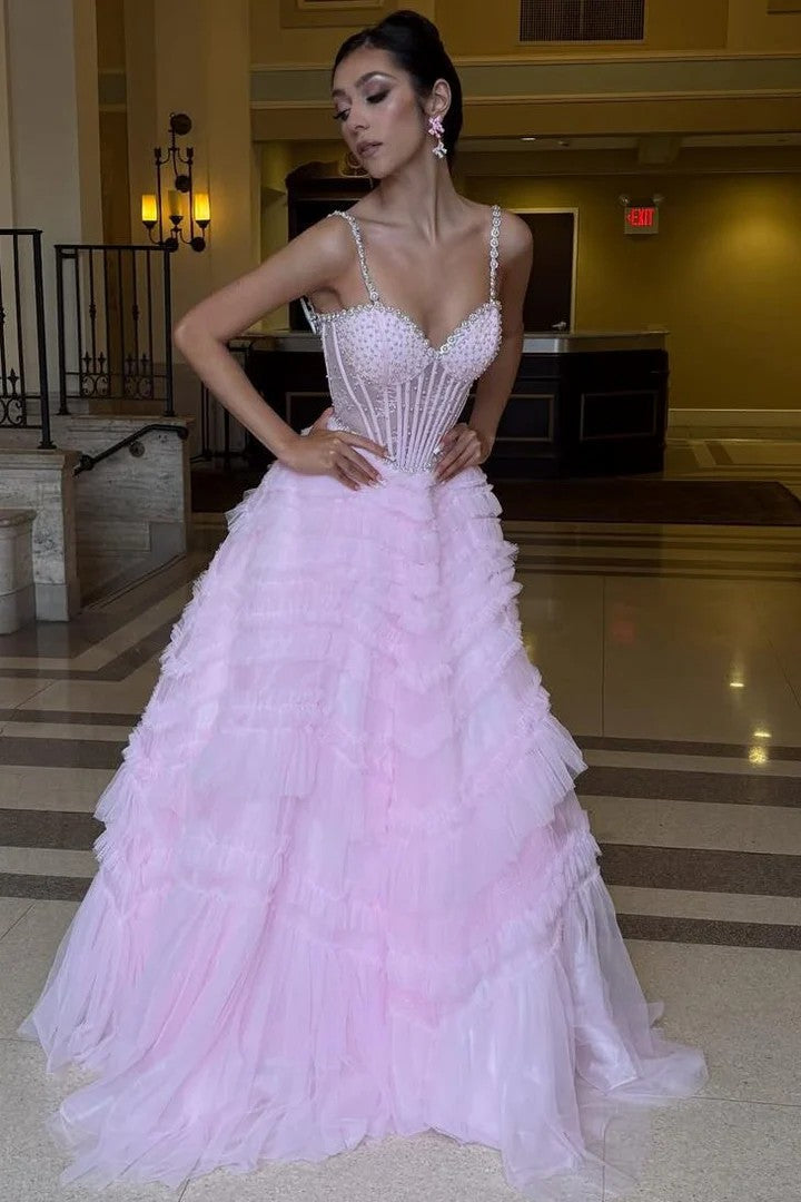 Blush Pink Beaded Corset Ball Prom Dress with Layered Ruffle Tulle Skirt