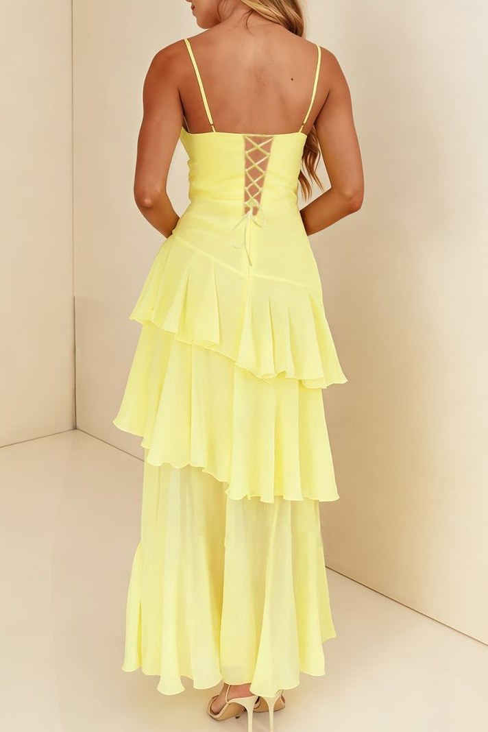 Yellow Spaghetti Straps Layered Sleeveless Long Party Prom Dress