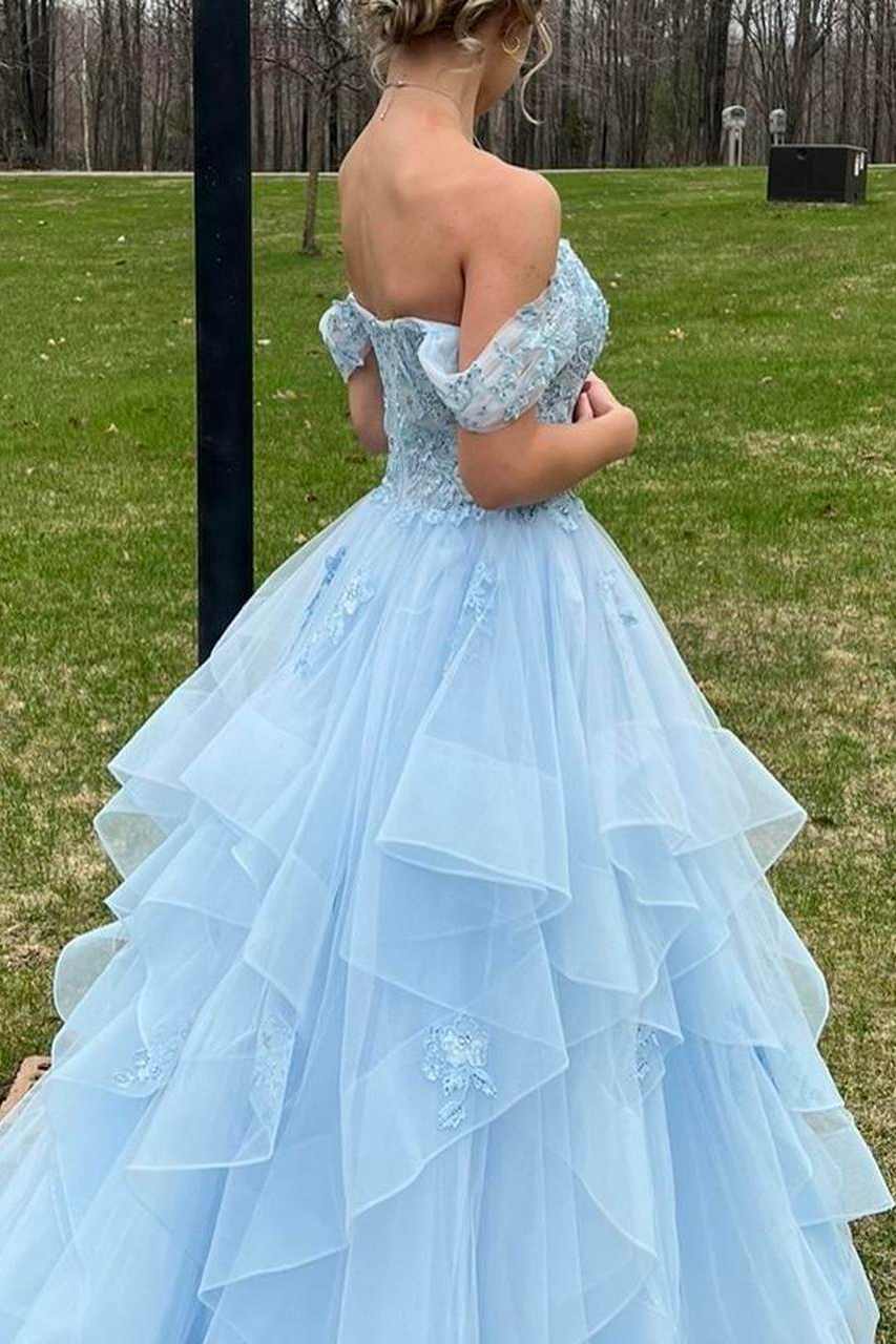 Blue Off-Shoulder A-Line Empire-Waist Ruffles Long Formal Prom Dress