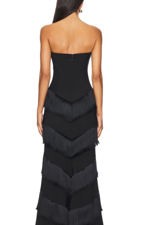 Black Strapless Tiered Tassel Sleeveless Long Prom Formal Dress