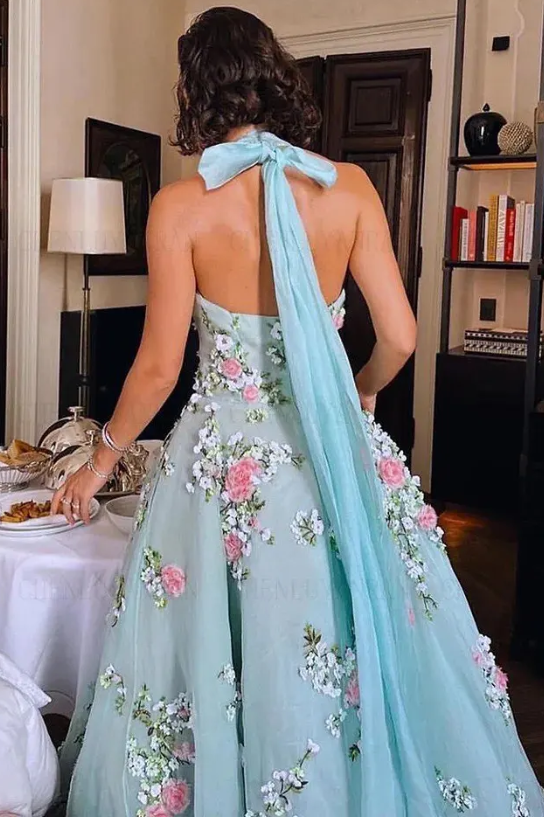 A-Line Halter Empire-waist Appliques Long Formal Prom Dress