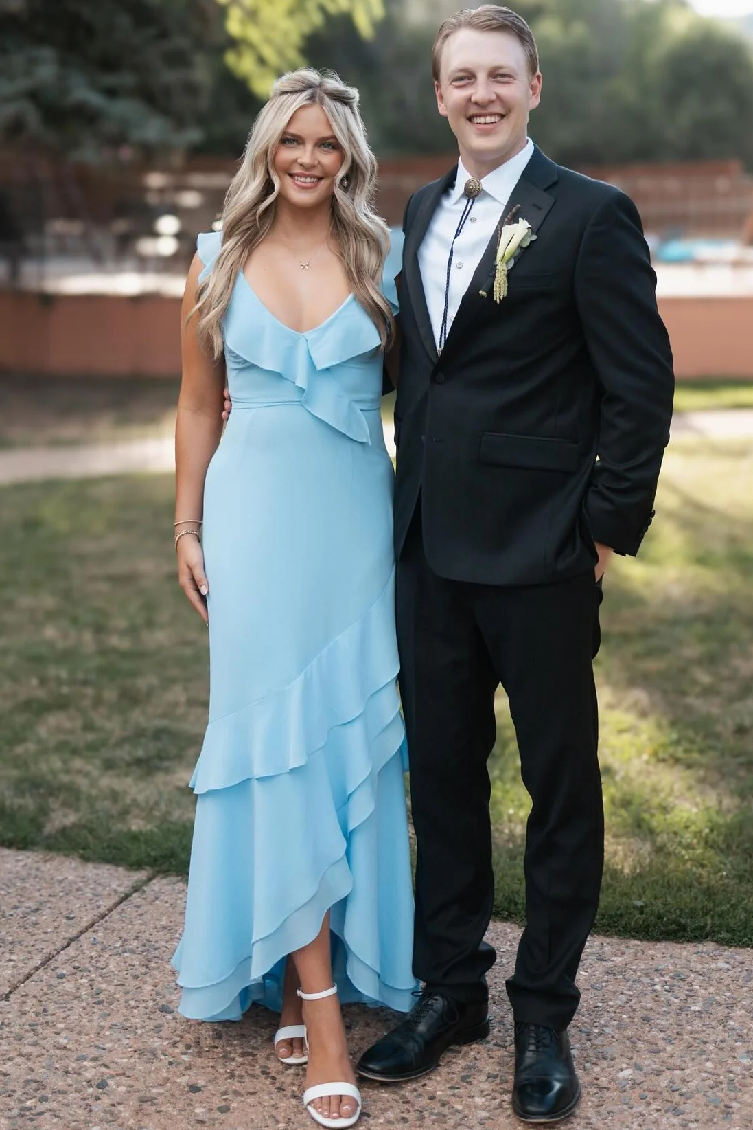 Blue Chiffon Straps V-Neck Ruffles Sleeveless Long Formal Prom Dress