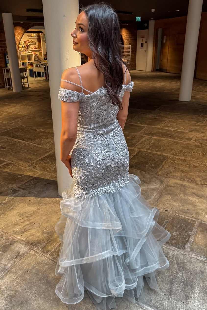 Off-Shoulder Illusion V-Neck Lace Appliques Ruffles Mermaid Prom Dress