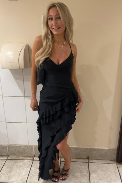 Black Spaghetti Straps V-Neck Sleeveless Ruffles Side Slit Long Prom Dress