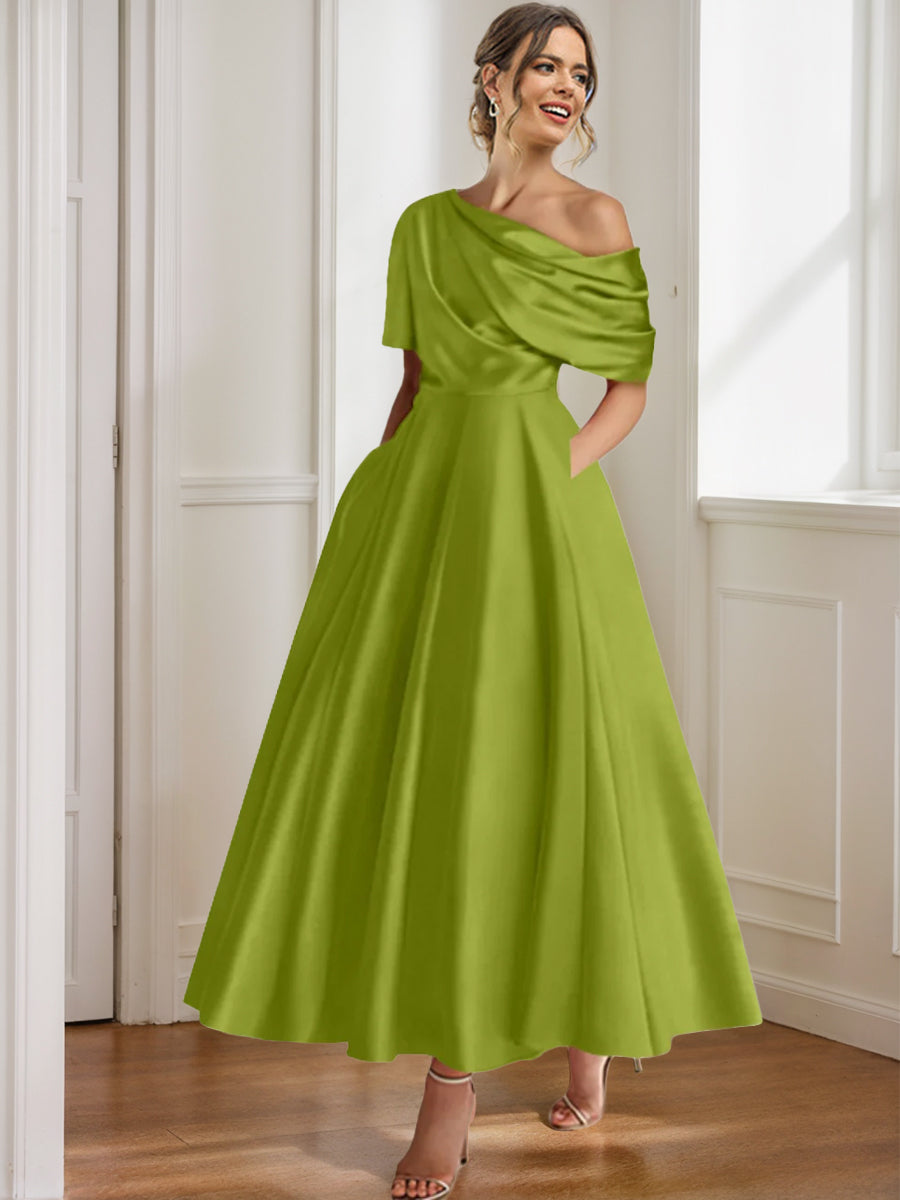 A-Line One-shoulder Half Sleeve Ankle-Length Mother of the Bride Dress