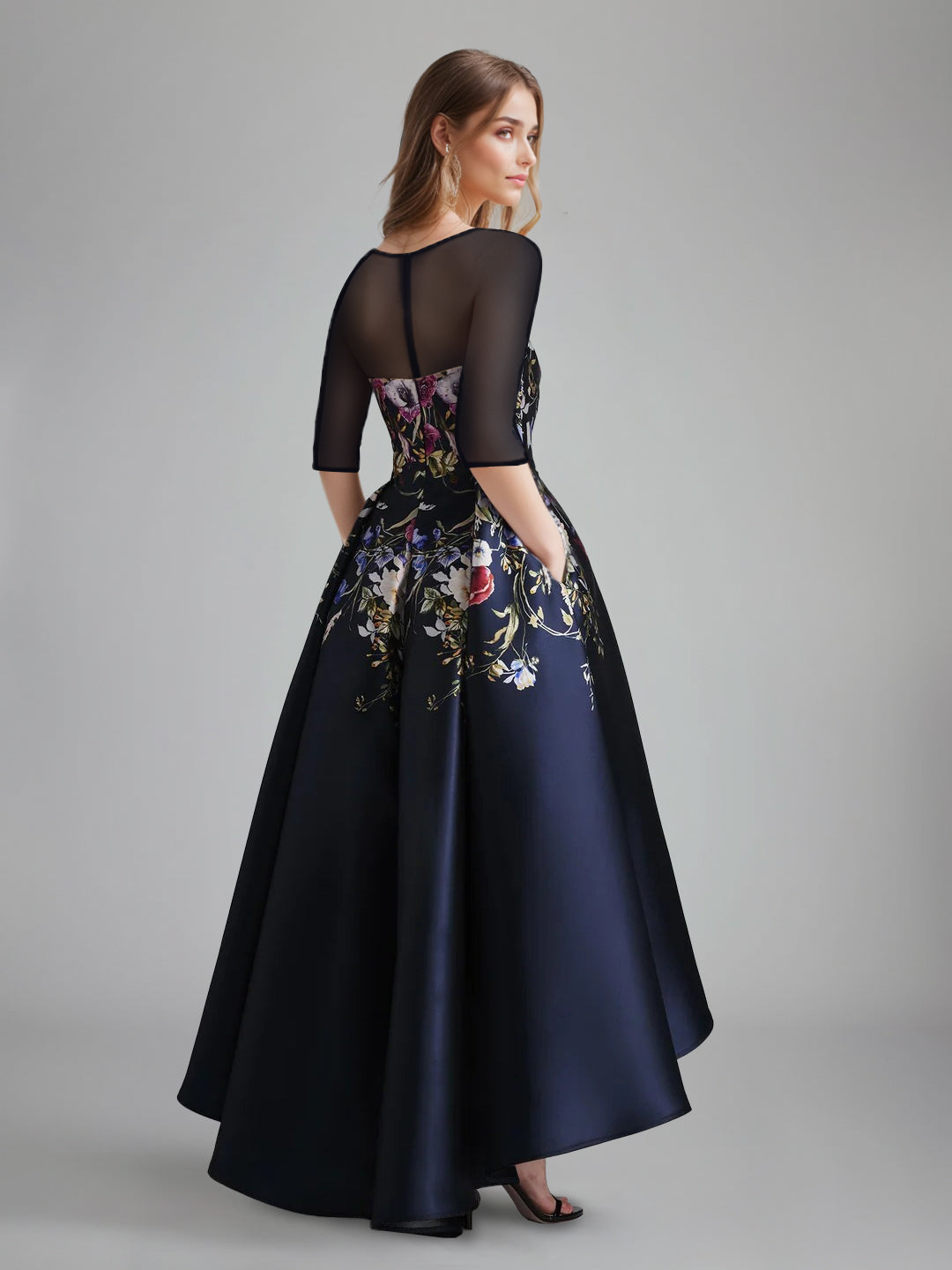 A-Line Scoop Half Sleeves Asymmetrical Printed Floral Mother of the Bride Dress