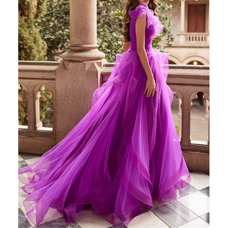 Princess V Neck Sleeveless Floor-Length Prom Dresses with Ruffles