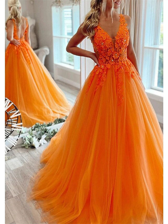 Princess V Neck Floor-Length Prom Dresses with Pleats Beading
