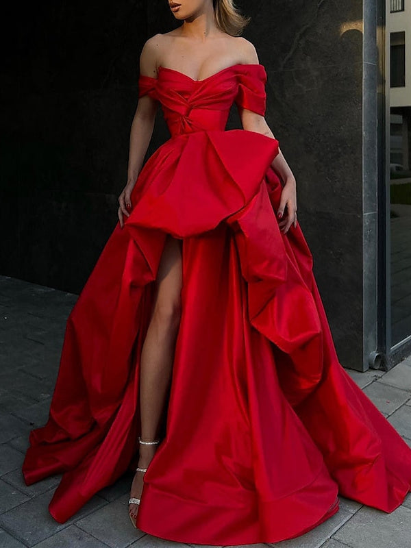 A-Line Sweep Off Shoulder Sleeveless Prom Satin with Slit