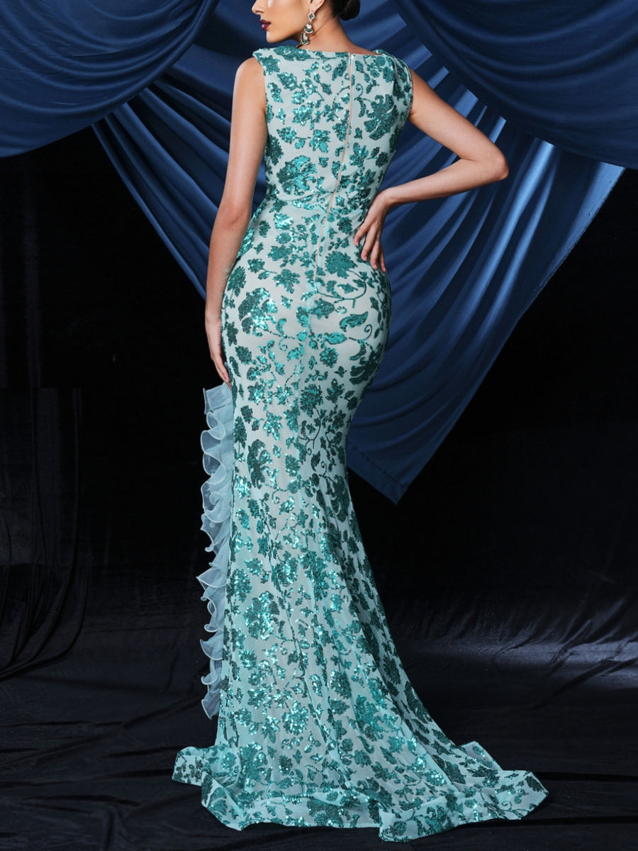 Mermaid V-Neck Prom Dresses Sequins Floor-Length Formal Dress