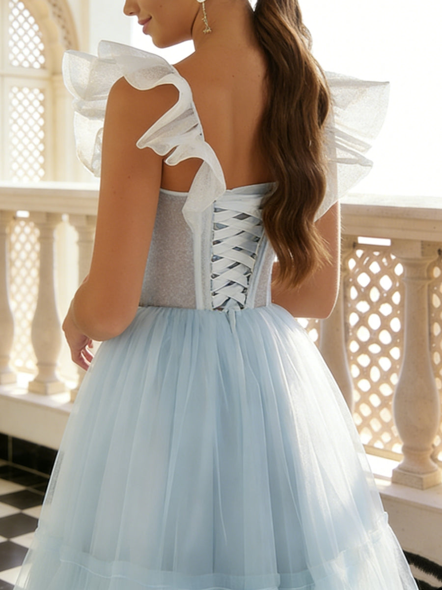 Princess Sweetheart Tulle Prom Dresses Ruffle Sleeves Ankle-Length Formal Dress