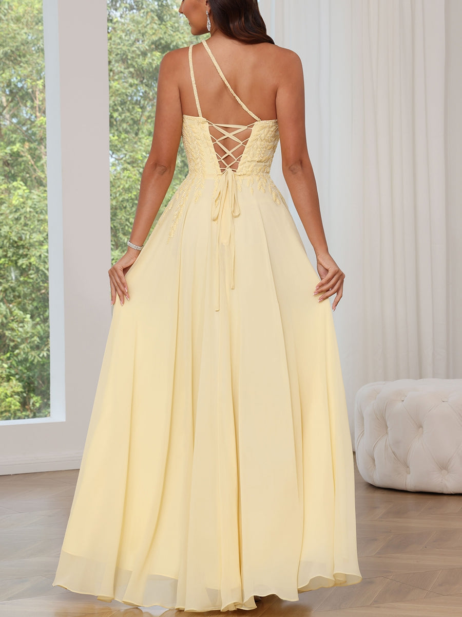 Princess One-Shoulder Chiffon Lace Beading Formal Dress