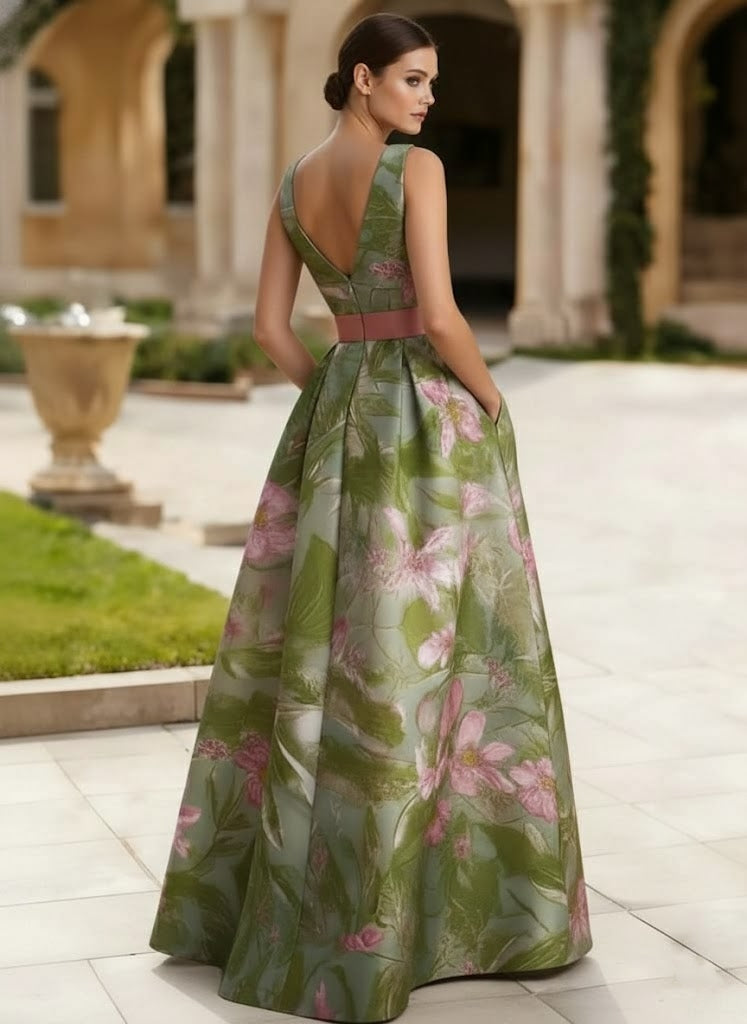 V-Neck Satin Evening Dresses Sleeveless Floral Floor-Length Bowknot Party Dress