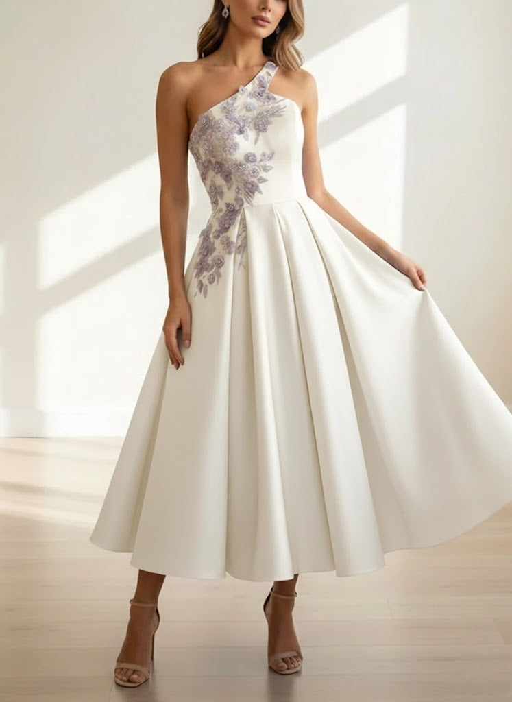 A-Line One-Shoulder Satin Cocktail Dresses Sleeveless Formal Dress