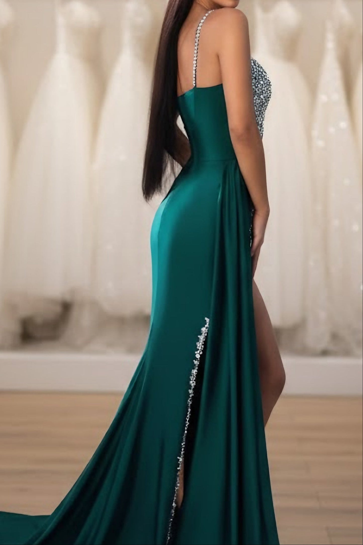 Spaghetti Straps Sequined Beaded Satin High Slit Mermaid Formal Prom Dress