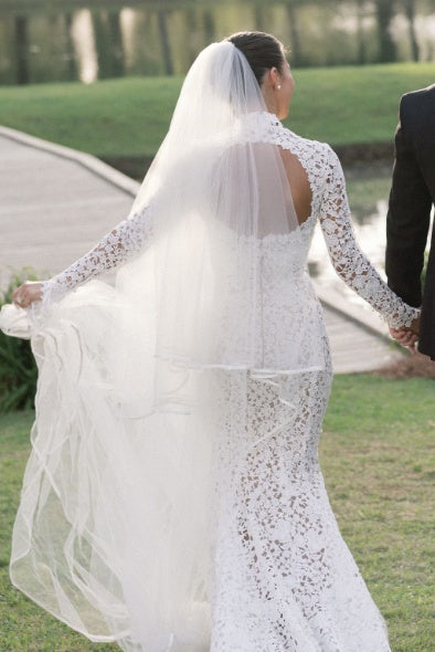 Mermaid Beach Wedding Dress Long Sleeve Lace High Neck Bridal Gown