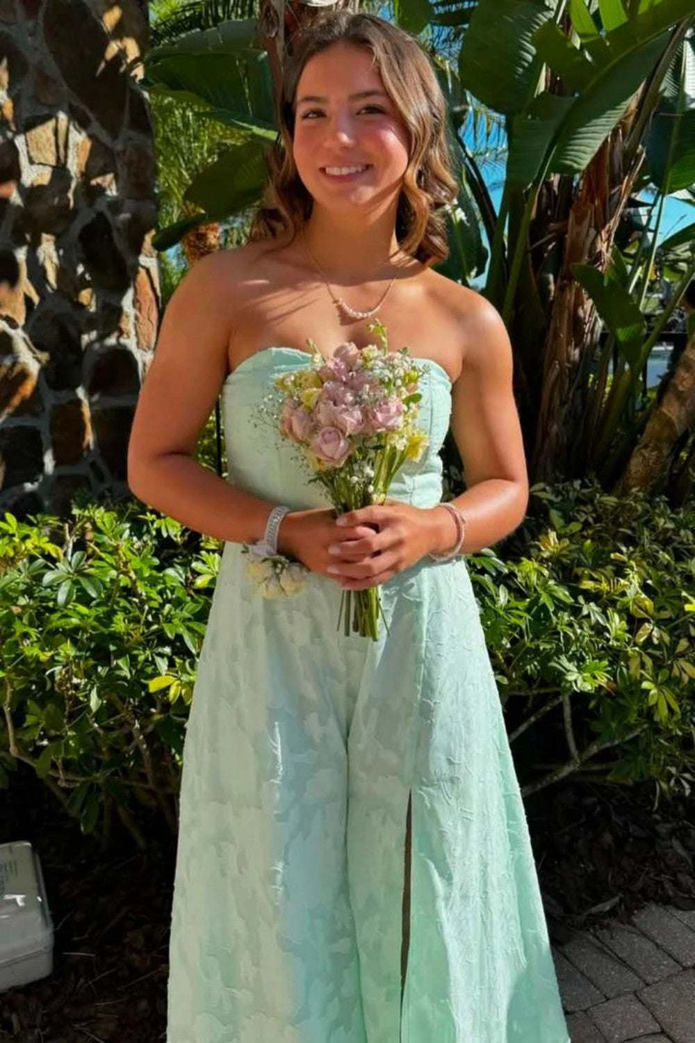 Mint Green Strapless Prom Dress with Front Slit and Textured Fabric