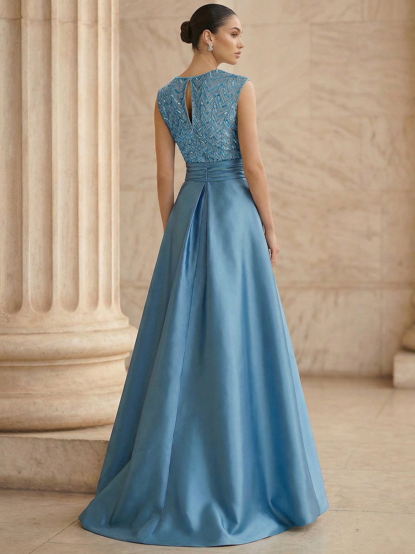 Princess Evening Dresses Formal V Neck Sleeveless with High Slit Sequins