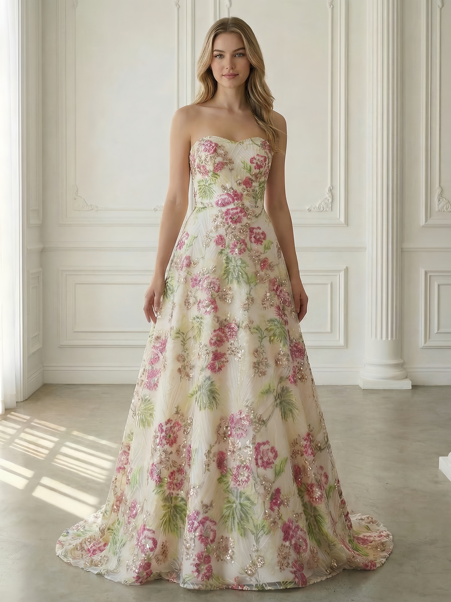 Sparkly Pink Floral Strapless Floor-Length Beads Formal Gowns