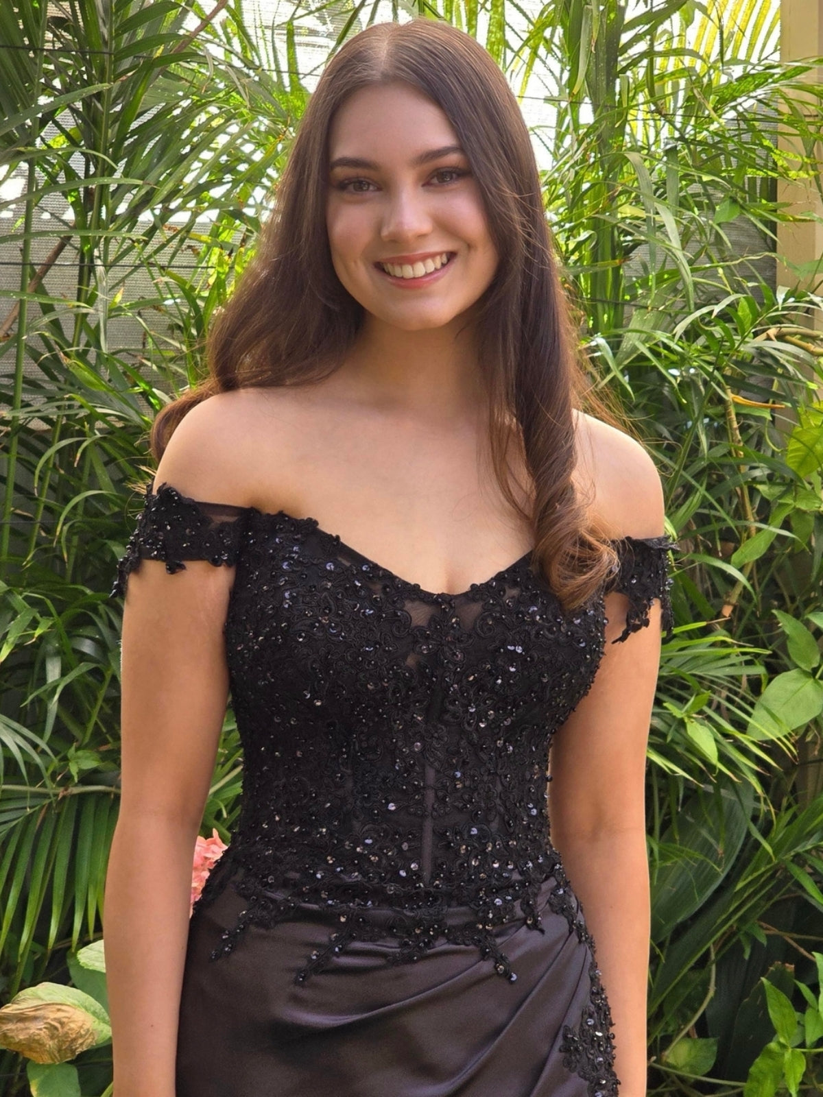 Off Shoulder Mermaid Black Lace Long Prom Dress