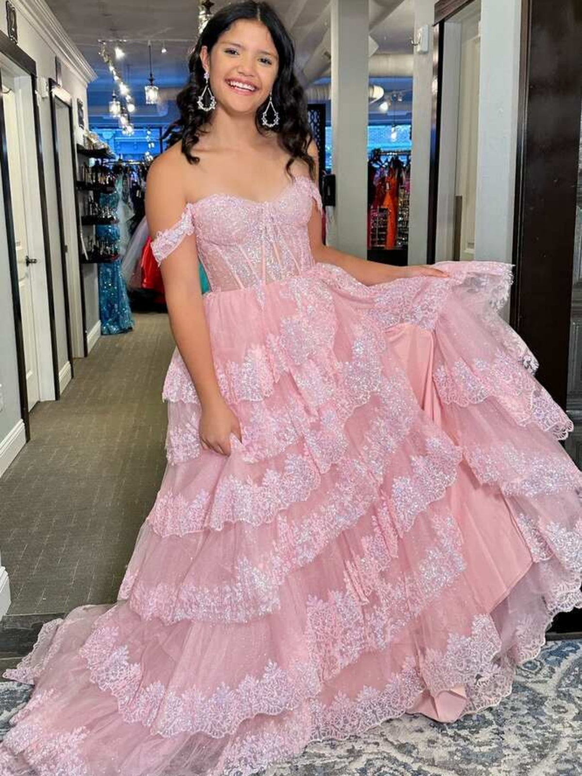 Black White Pink Purple Layered Lace Prom Dress