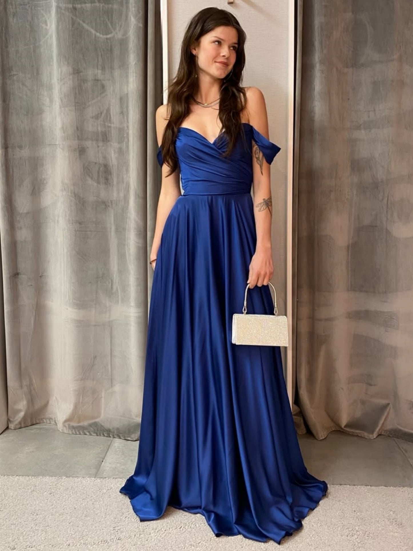 Sweetheart Off-Shoulder Sleeveless Floor-Length Pleated Satin Long A-Line Prom Dress