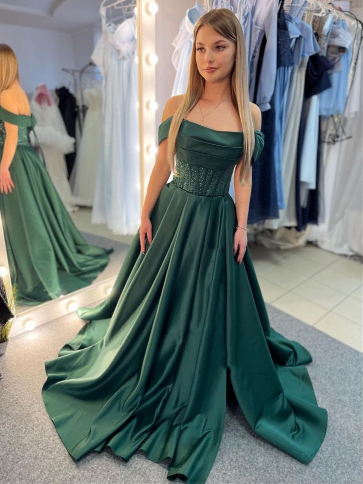Off the Shoulder Dark Green Satin Prom Dress