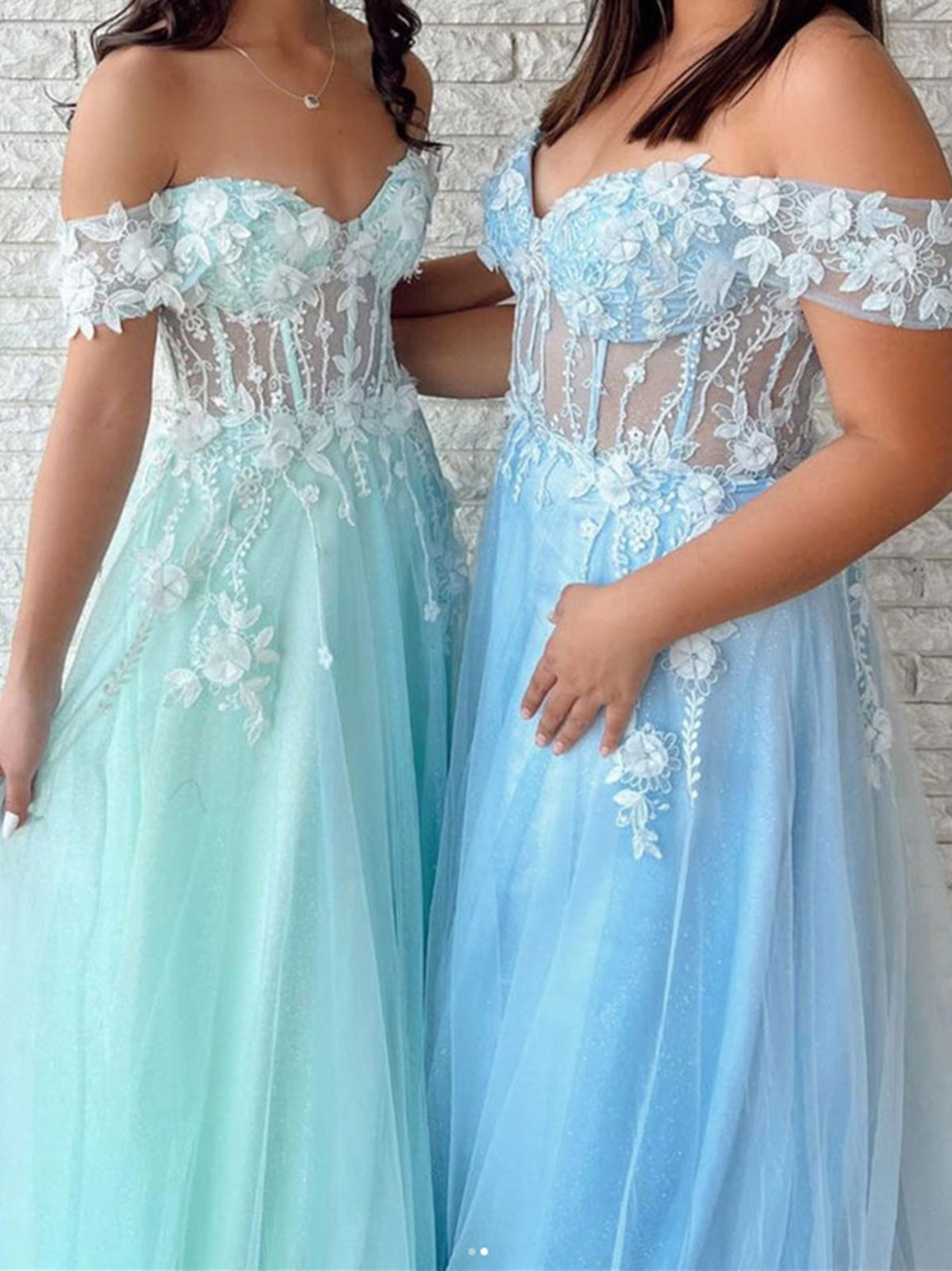 Off the Shoulder Green Blue 3D Lace Floral Prom Dress