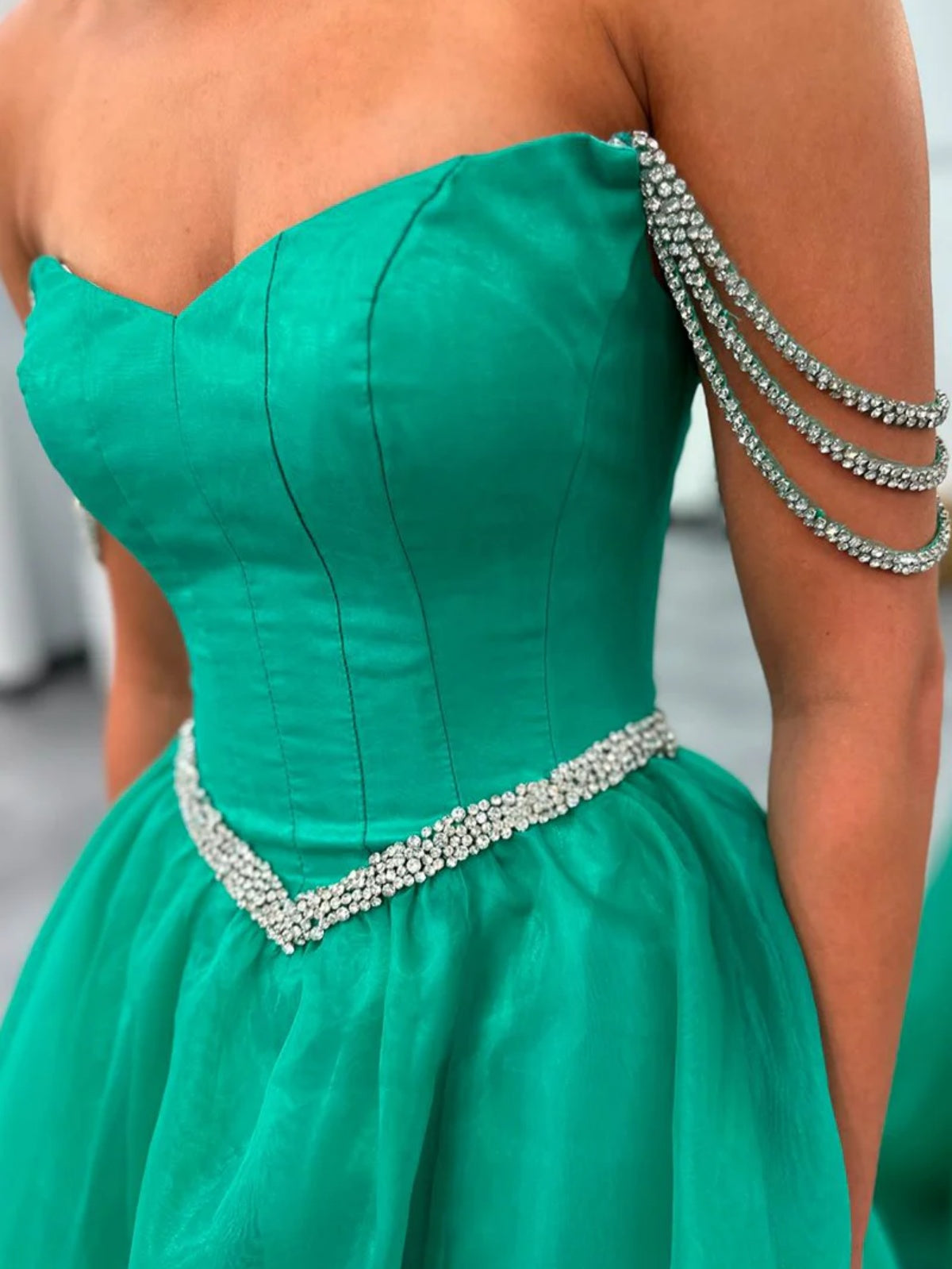 Off the Shoulder Green Organza Prom Dress